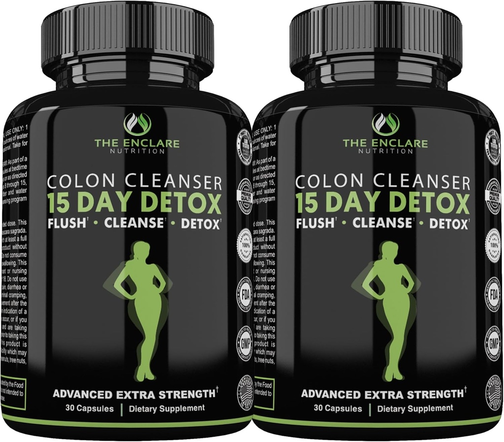 ENCLARE NUTRITION 15 Dag Detox Rengøring for vægttab. Avanceret Gut Support til kvinder & mænd. Colon Rense Laxatives for Forstoppelse & Bloating Relief. Gut Cleanse Probiotic Diet Pills 60ct (2)