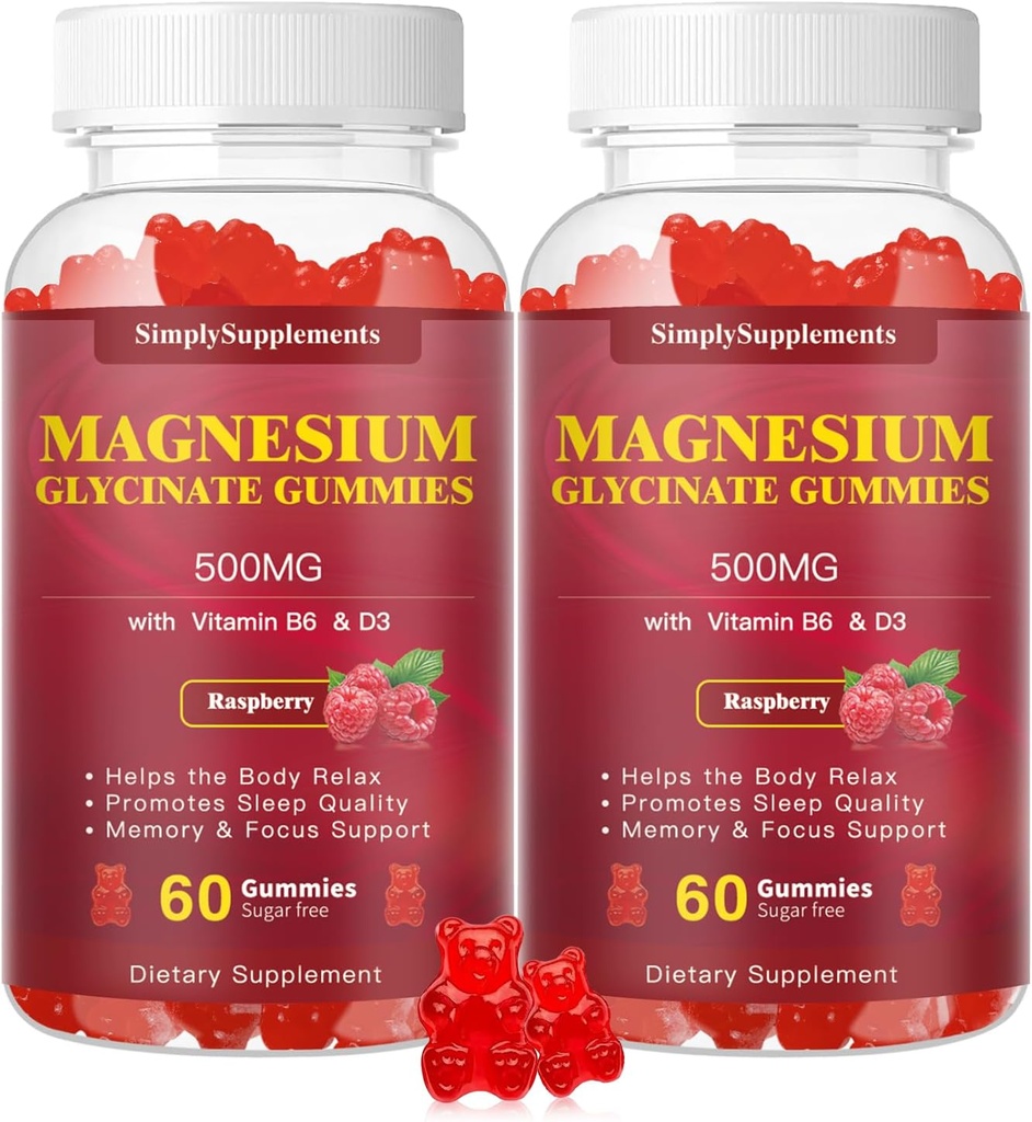 Magnesium Glycinat Gummies 500 mg, Chewable Magnesium tillæg med vitamin D3, B6, CoQ10 til afslapning, Sleep & Mood Support, Calm Magnesium Gummies - 60 Raspberry Gummies 2 Pack