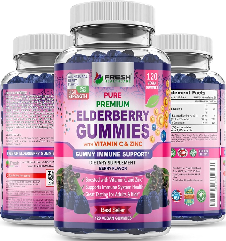 FRESH METHCARE Elderberry Gummies med C-vitamin, Zink & Sambucus Elderberry 30: 1 Extract - 100% Vegan - immunforsvar for voksne & børn - 120 Count Gummy Supplement