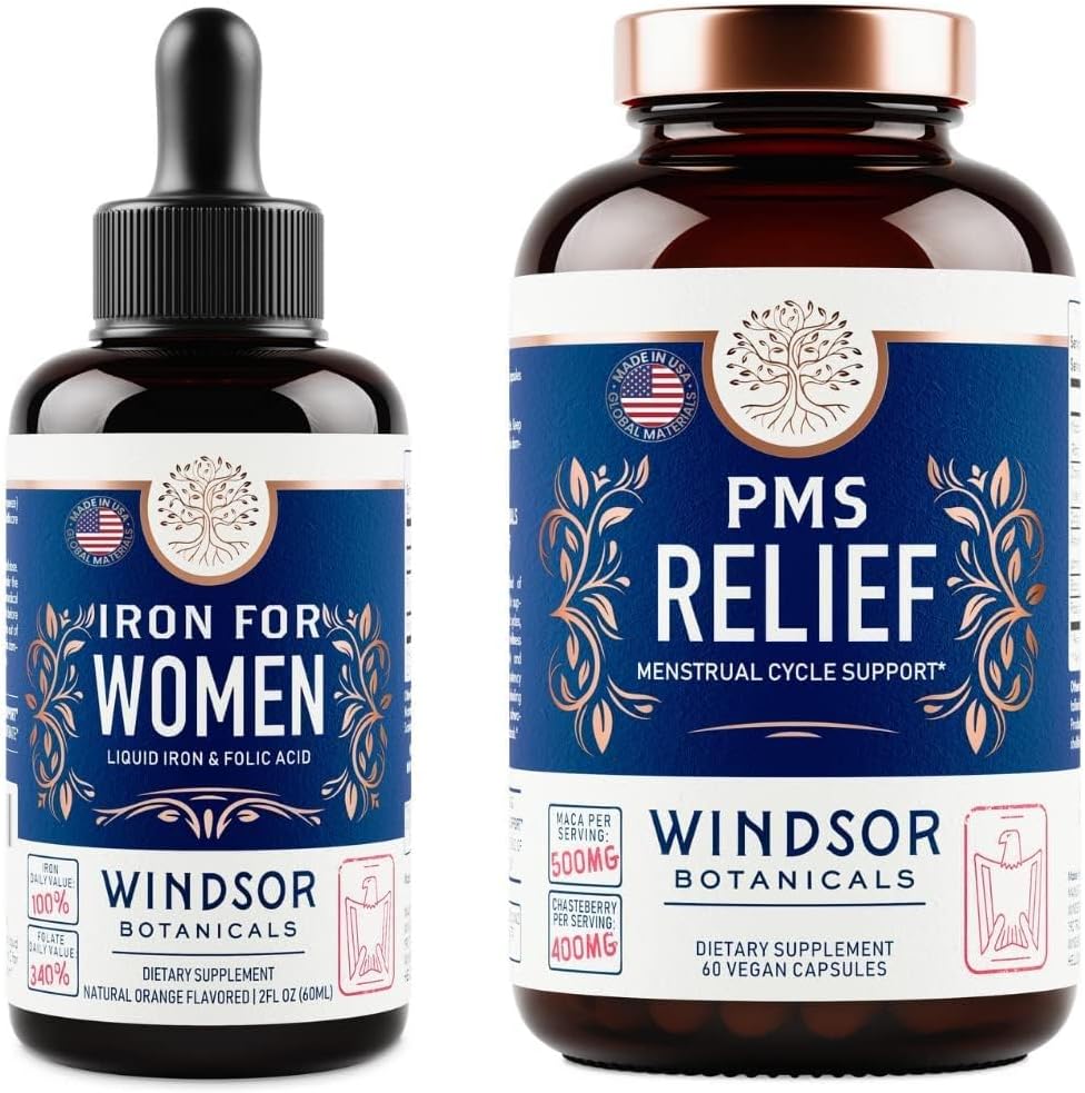 WINDSOR BOTANICALS Flydende jern og PMS Relief kapsler Dame bundle