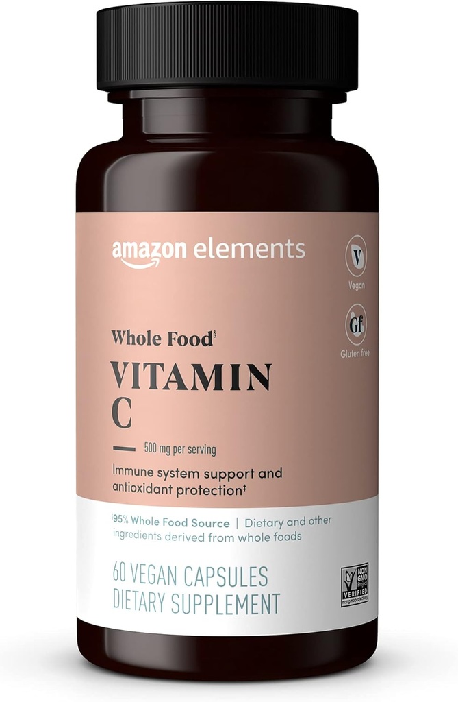 Elementer - Whole Food Vitamin C, 95% Whole Food Source, Kost og andre ingredienser afledt af hele fødevarer, non-GMO verificerede ingredienser, vegan certificeret, og glutenfri, 60 kapsler