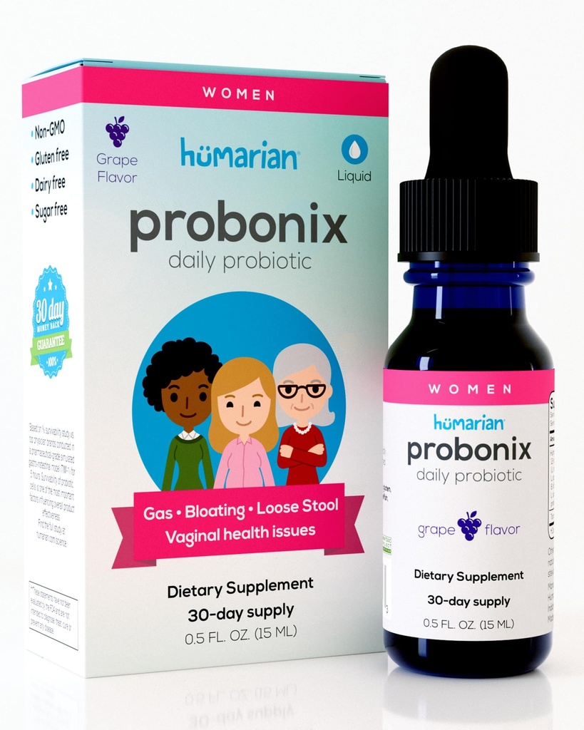Probonix Humaric Liquid Probiotika til kvinder - 12-Strå Probiotiske Drops til Fortify Kvinder Gut Sundhed, Vaginal Sundhed, Immunitet og Samlet Wellness - 30-Day Supply - Lækker Grape Flavor