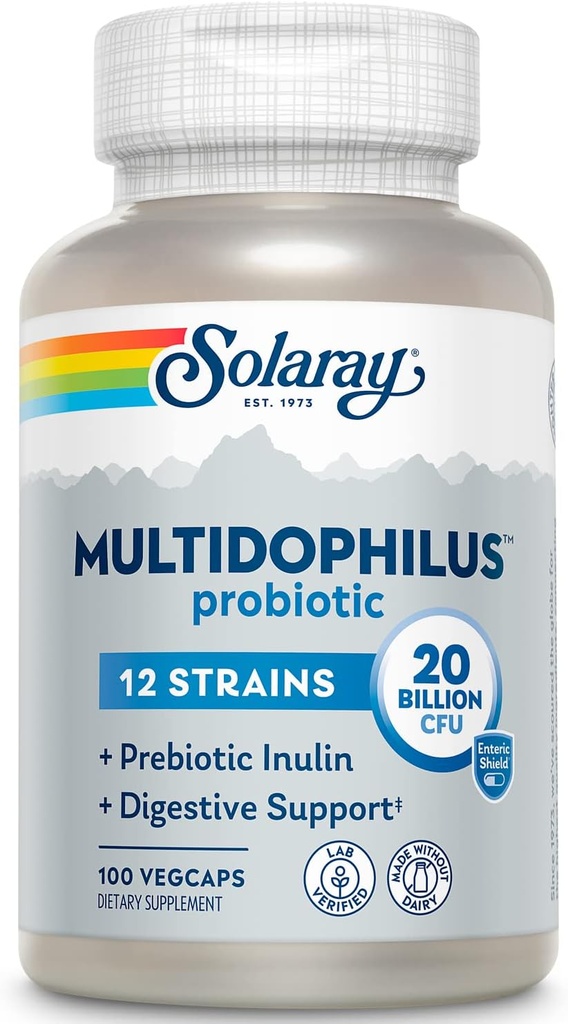 SOLARAY Multidophilus 12 Strain Probiotic 20 Millioner CFU, Probiotika til fordøjelsessygdomme og Gut Health Support, Prebiotic Inulin, No Dairy, 50 Serv, 100 VegCaps