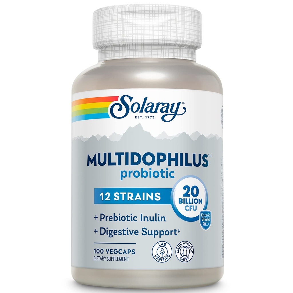 SOLARAY Multidophilus 12 Strain Probiotic 20 Millioner CFU, Probiotika til fordøjelsessygdomme og Gut Health Support, Prebiotic Inulin, No Dairy, 50 Serv, 100 VegCaps