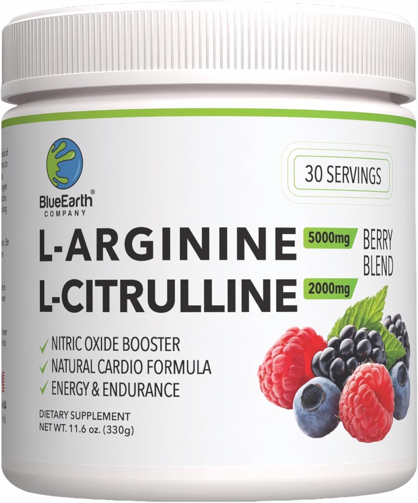 L- Arginin 5000mg + L- Citrullin 2000mg Complex Powder Supplement - Nitrooxid Booster - Heart Health, Blood Flow, Energy & Endurance - 30 Serveringer (Berry Blend)