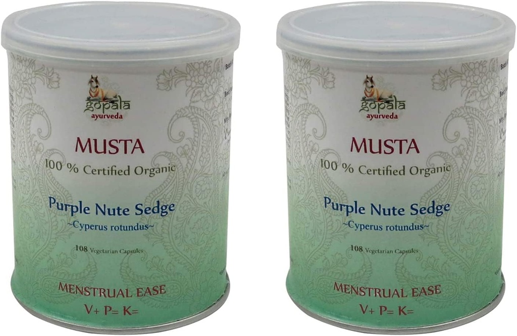 GOPALA AYURVEDA MUSTA Kapsler (USDA Certified Organic) Ayurvedic Herb Cyperus rotundus - 108 Vhætter på 500mg Hver (pakke med 2)