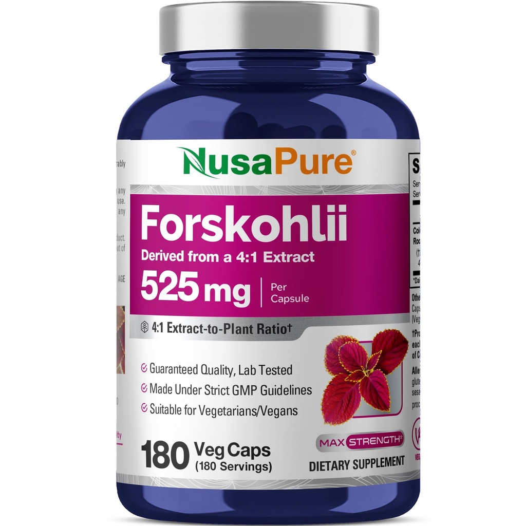 NusaPure Forskohlii 4: 1 Extract, 525 mg Ækvivalent med 21,00 mgper Veggie Caps - 180 kapsler (Ikke- GMO, Gluten Free)