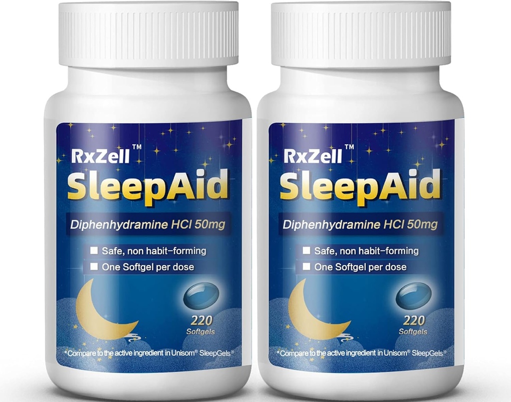 Sleep Aid, Diphenhydramin Softels 50mg, Easy- to- Swallow, Understøtter Deeper Resistful Sleeping, Non Habitat-Danning (220 Counts Shut 124; pakke med 2)