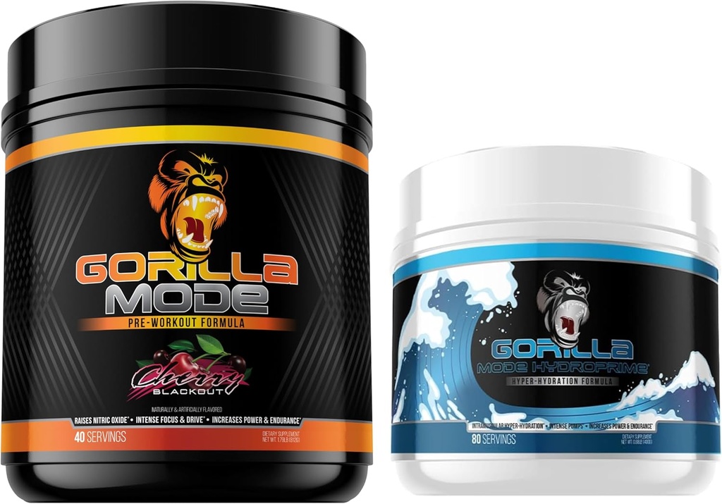 Gorilla Mode Pre Workout (Cherry) + HydroPrime Glycerol Pre Workout - Omfattende Stack for Hyper- Hydration, Pump, Power, Endurance, og Thermoregulation