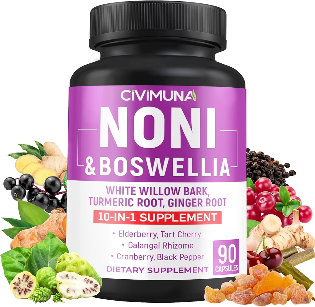 Noni kapsler med Boswellia, hvid Willow Bark, gurkemeje, ingefær rod og mere - 90 kapsler til 3 måneder levering
