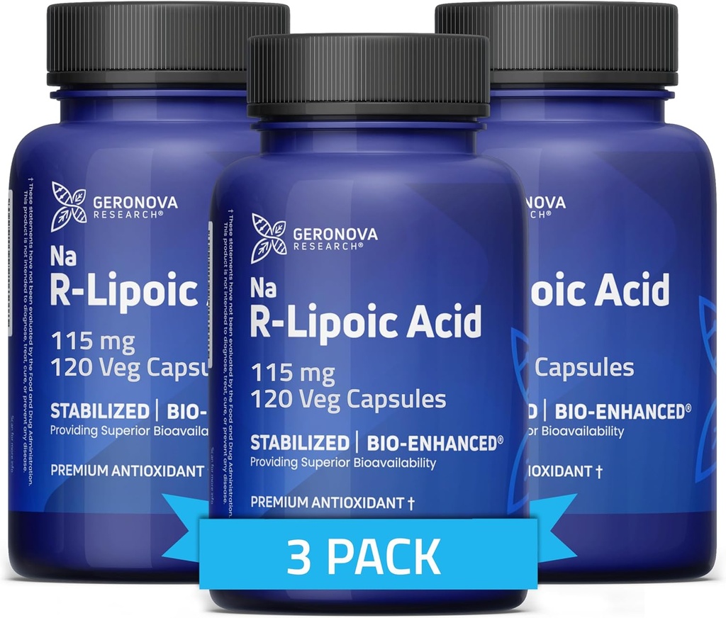 Geronova Research Bio- Enhanced R- Lipoic Acid, 115 mg kapsler - 12 måneders forsyning - Stabiliseret R Alpha Lipoic Acid med forbedret absorption - R Lipoic Acid Supplement - 360 Tæl