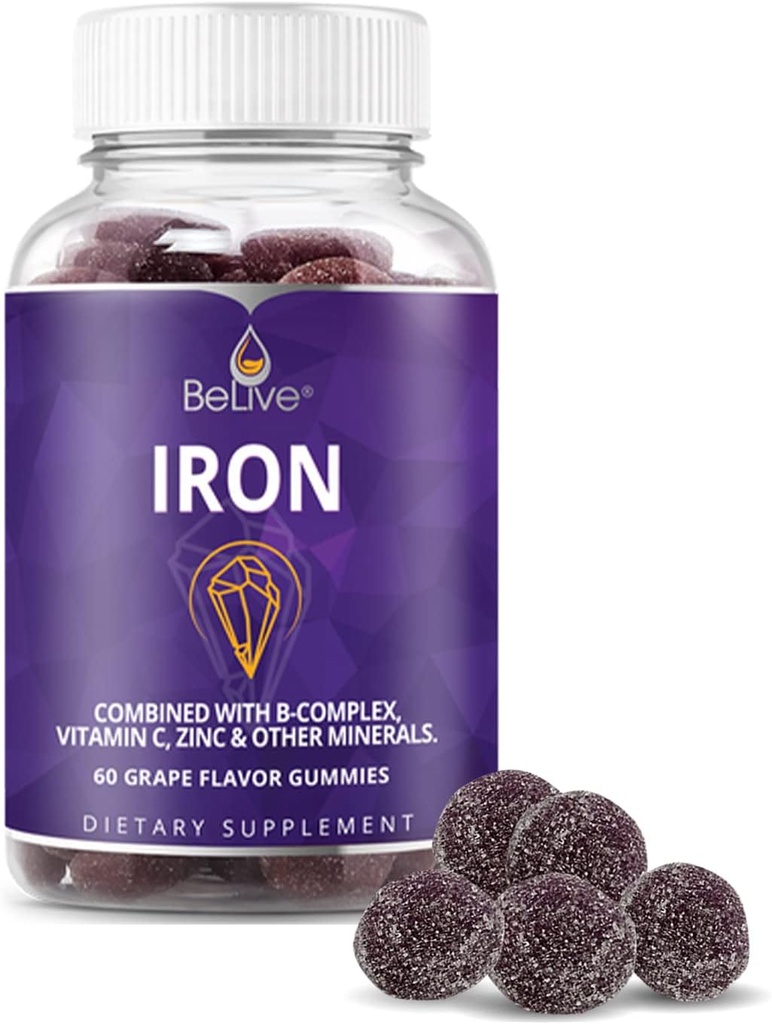BeLive Iron Gummies - Multivitamin supplement med C-vitamin, A, B & Zink, understøtter blod-oxygen, Vegansk jerntilskud til kvinder, Mænd og børn for vækst og udvikling - Grape Flavor Buddy 124; 1- Pack
