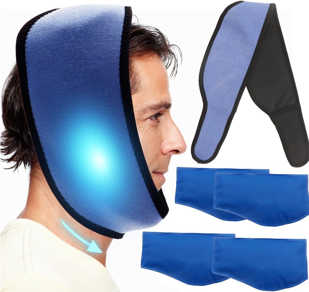 Generisk Ansigtsis pakke til Jaw, Tandpine Ice Pack Cold Compress for Head and Chin, Genanvendelig varm eller kold Gel pakker smertestillende for TMJ, Oral og ansigtskirurgi, tandimplantater (1 Wrap + 4 Ice Pack)