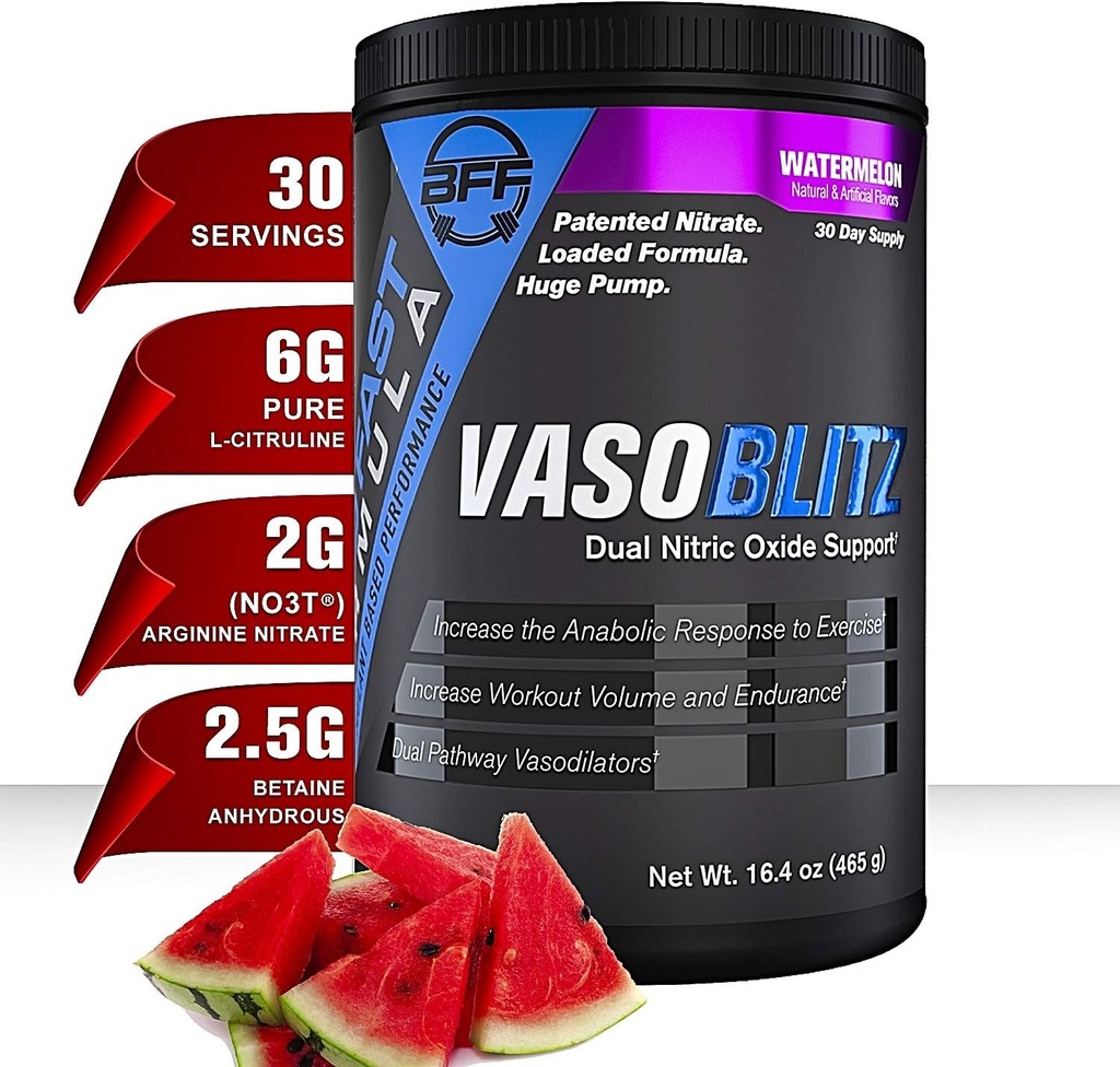 VASOBLITZ Award Winning Dual Nitric Oxide Pre Workout med NO3T Arginin Nitrat, L-Citrullin, Betain Andial, Calcium Lactat, Koffein fri for muscular Endurance (30 Servering) (Watermelon)