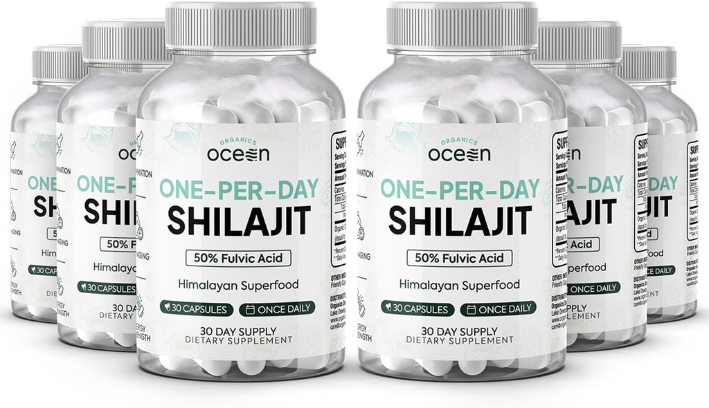 Organics Ocean One- Per- Day Shilajit for mænd og kvinder - Natural og Potent Shilajit supplement til ældreforsvar, Knoglestyrke, Hormonstøtte og mere - 6 flasker Shilajit kapsler