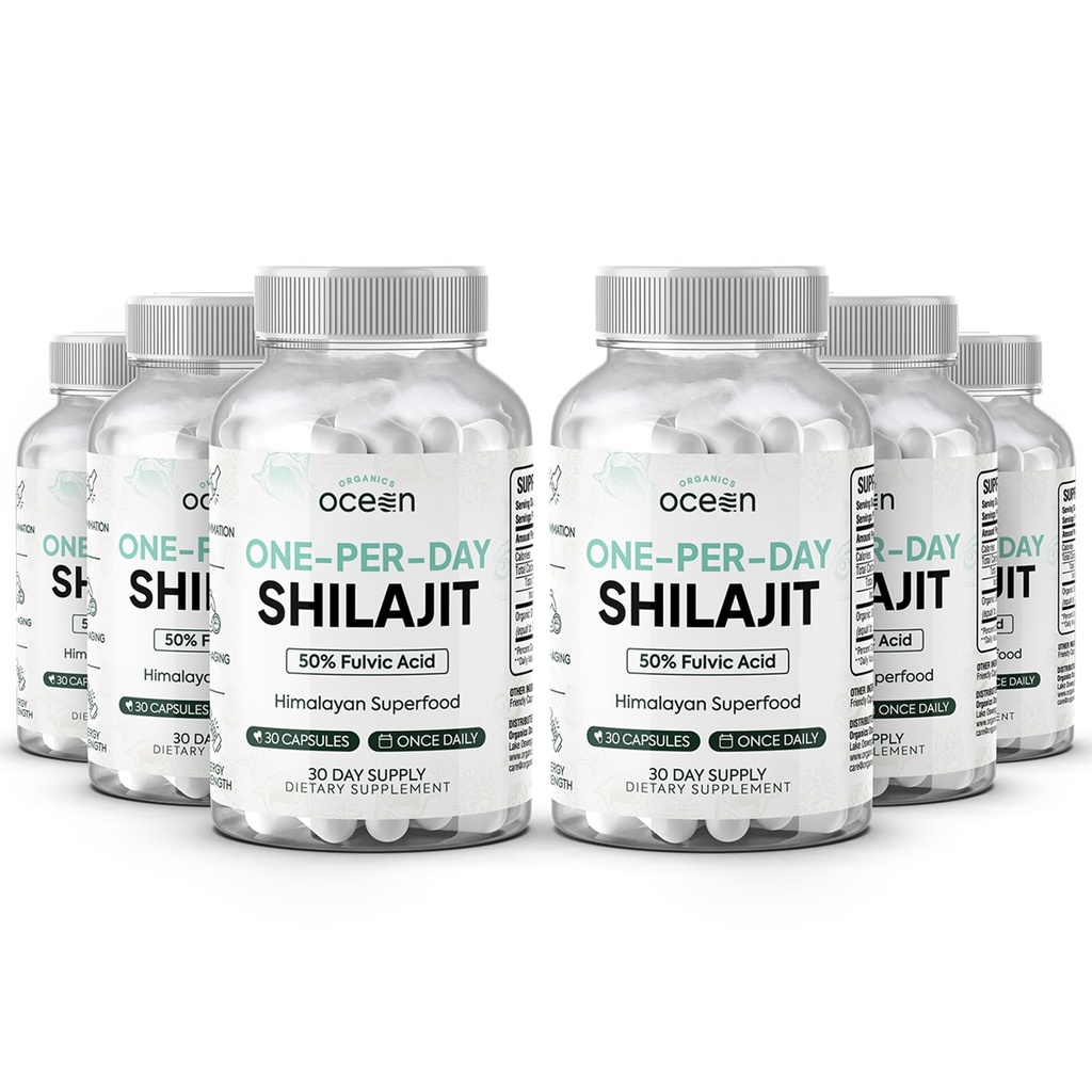 Organics Ocean One- Per- Day Shilajit for mænd og kvinder - Natural og Potent Shilajit supplement til ældreforsvar, Knoglestyrke, Hormonstøtte og mere - 6 flasker Shilajit kapsler