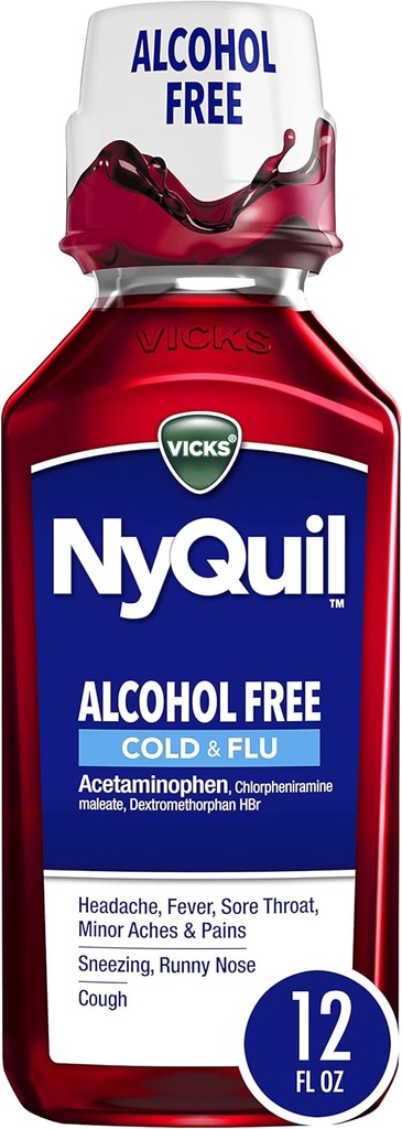Vicks NyQuil, Alkoholfri, Hoste, Cold & Flu Relief, Sore Throat, Fever & Congestion Relief, Berry, 12 Fl Oz