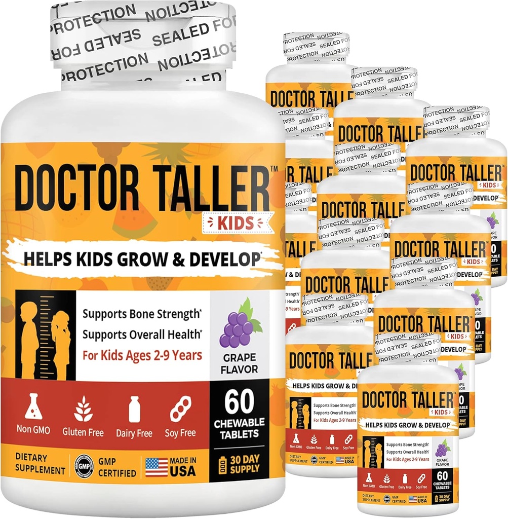 NuBest Doctor Taller Kids med Multivitaminer, Multimineral, Calcium tyggetabletter, Calcium supplement til børn i alderen 2 til 9 - Grape Flavor - Hjælper børn sunde - 12 Pack