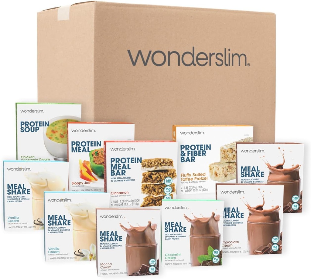 Wonderslim 2 Week Vægttab Meal Kit - 70 Klar til at spise kost fødevarer til vægttab, færdigpakkede måltider & snacks til mænd og kvinder, med Build- I struktur for langsigtet succes