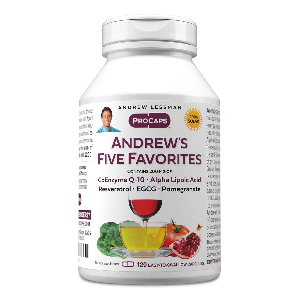 ANDREW LSSMAN Andrews 's Five Favorites 120 Capsules - Giver 200 mg hver af Coenzym Q-10, Resveratrol, EGCG, Pomegranate og Alpha Lipoic Acid, kraftfuld Antioxidant Support, Ingen tilsætningsstoffer