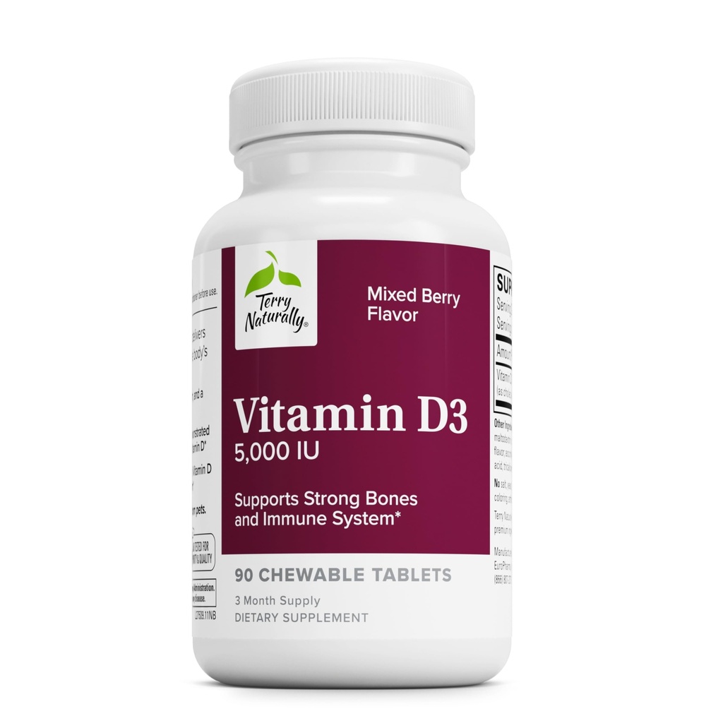 Terry naturligt vitamin D3 - ben sundhed & ben styrke supplement - kosttilskud til immunsystemet & hjerne støtte - 5.000 IE vitamin D tabletter med blandet berry flavor - 90 tyggetabletter
