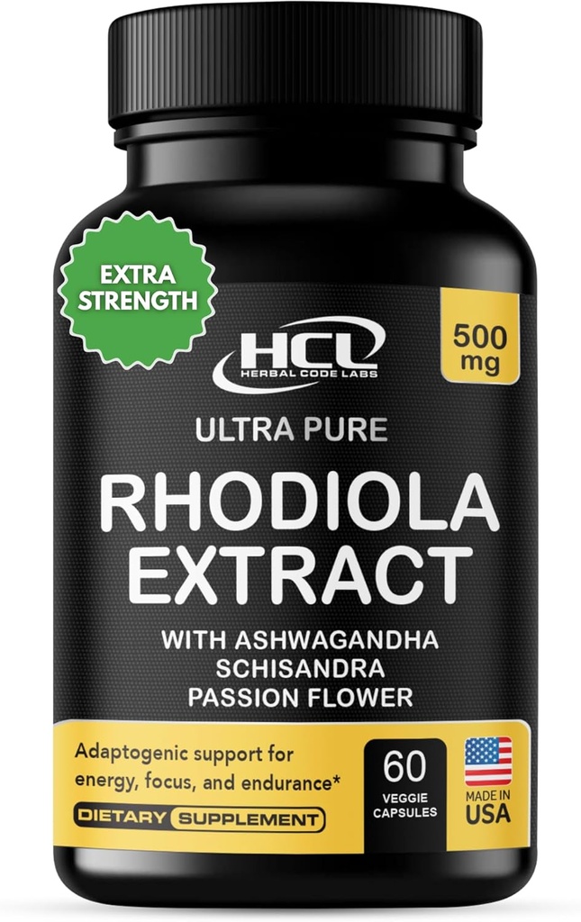 Rhodiola Rosea Supplement High Potency Extract 500mg - 3% Rosavins 1% Salidrosider med Ashwagandha Shisandra Passion Flower Herb Powder Kapsler - Natural Way to Relieve Stress - piller til energi