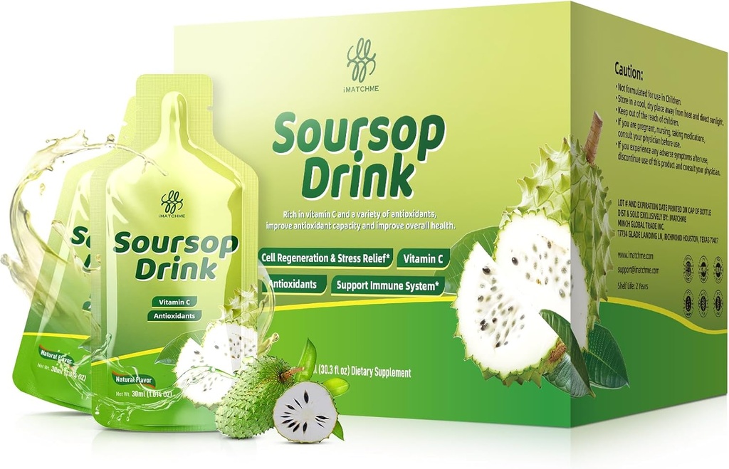 iMATCHME Soursop Bitters Liquid, Soursop Drink med Graviola Fruit Extract og C-vitamin til Cell & Immune Support, Antioxidanter og fordøjelsessygdomme, Natural Flavor, 30 oz (30 Pakker)