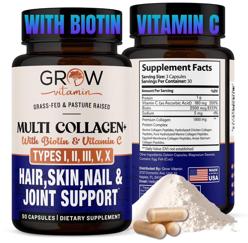 vokser vitamin Multi Collagen kapsler 1800MG (type I, II, III, V & X) - Ikke GMO, Grass Fed Collagen - Anti Aging Support til hår, hud, negle - Protein piller til fælles støtte - 90 Kapsler