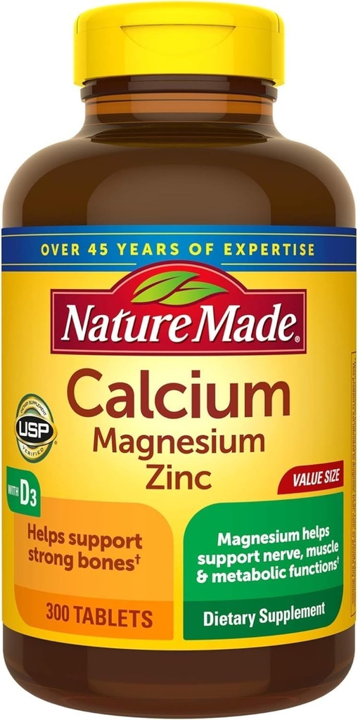 Nature Made Calcium, Magnesium Oxide, Zink med D3- vitamin hjælper med at understøtte Knoglestyrke, Tablets, 300 Tæl