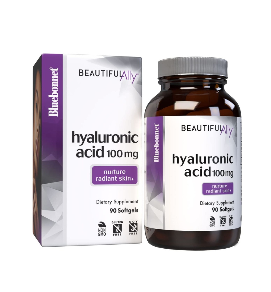 Bluebonnet Nutrition Smuk Ally Hyaluronsyre 100mg, Nurture Radiant Skin *, Non- GMO, Gluten- Free, Soy- Free, 90 Softgels, 90 Servere