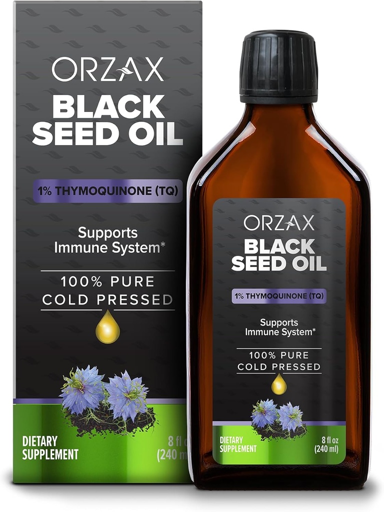 ORZAX Black Seed Oil Liquid (8 fl oz) - Cold Pressed 100% Pure Measures 124; Vegan, Gluten Free, Non- GMO Measure 124; 5000mg Black Cumin (Nigella Sativa) Oil med 50mg Thymoquinone Measures 124; Rich in Omega 3- 6- 9 Measures 124; Glass Bottle