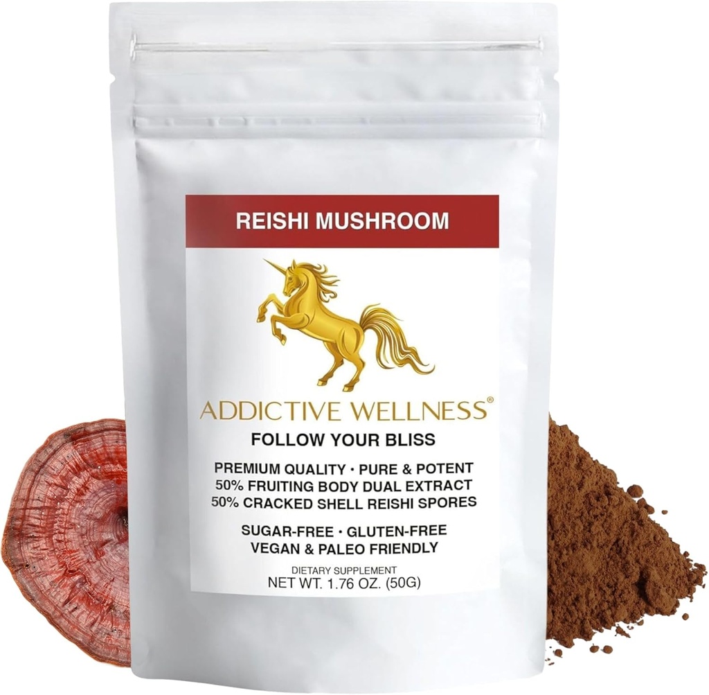 Addictive Wellness Reishi Mushroom Extract Powder + Sporer (50 / 50 Blend) Træ dyrket Pure & Potent Wildcrafted Ganoderma 50g (1,76 oz)