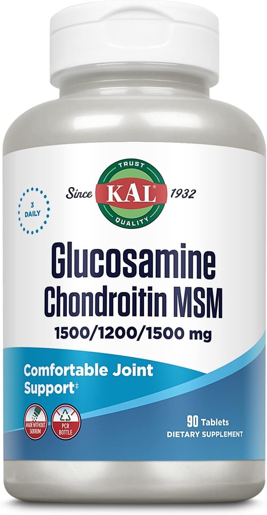 KAL Glucosamine Chondroitin MSM, Fælles Support for Kvinder og Mænd, 1500mg Glucosamine Sulfate, 1200mg Chondroitin, 1500mg MSM, Rapid Disintegration, 60- Day Garanti, 30 Servere, 90 tabletter