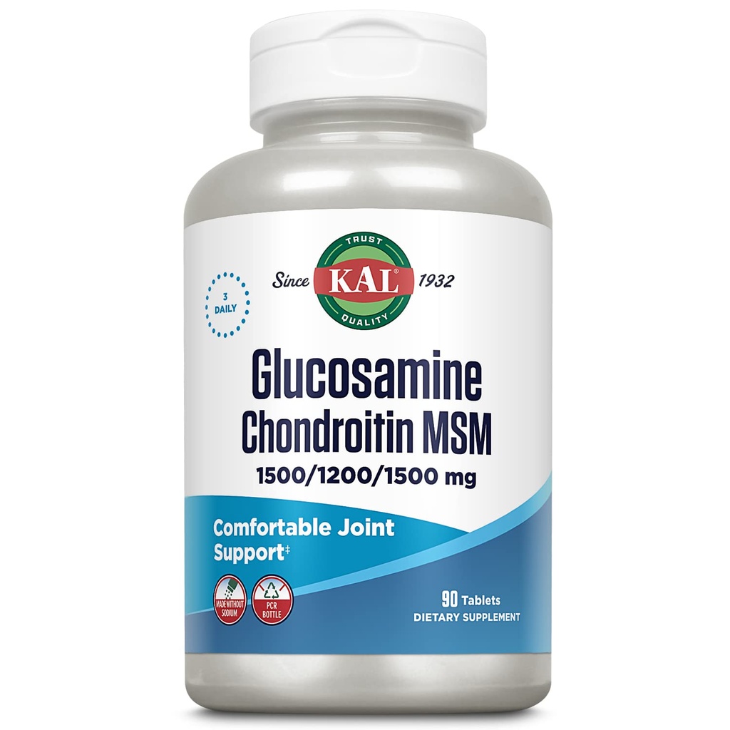 KAL Glucosamine Chondroitin MSM, Fælles Support for Kvinder og Mænd, 1500mg Glucosamine Sulfate, 1200mg Chondroitin, 1500mg MSM, Rapid Disintegration, 60- Day Garanti, 30 Servere, 90 tabletter