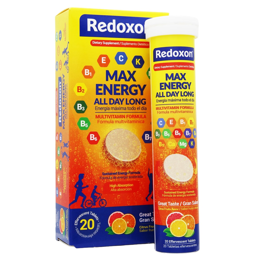 Redoxon Max Energy, Helps Support Inmune System, Citrus Flavor, 20 Effervescent tabletter, 2,82 Oz, Box