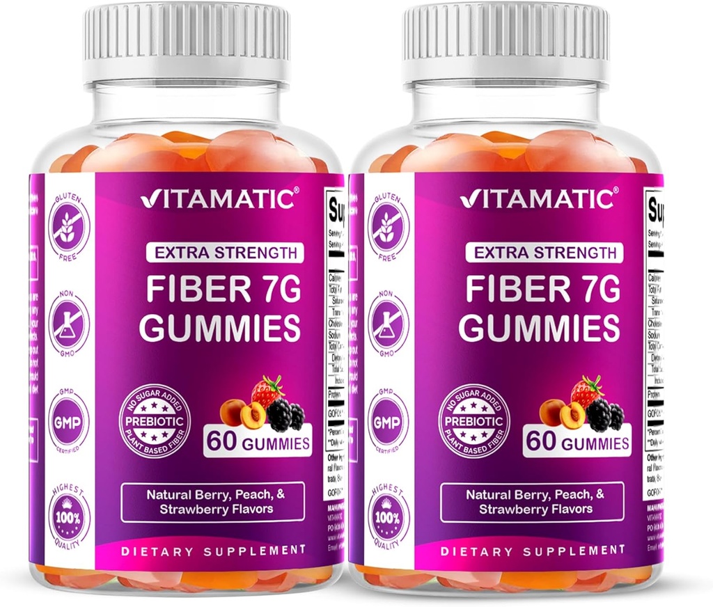 Vitamatic Prebiotic Fiber Gummies for Adults – 2 Pack (Total 120 Gummies) 7g Fiber per Serving | Extra Strength | Zero Sugar Added | Pectin-Based | Digestive Health & Regularity Support