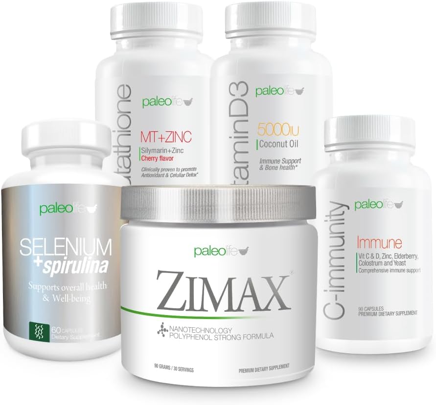 Premium Maximum Defense Value Kit: Dette 5 Premium Kosttilskud og Vitaminer kit omfatter: Zimax, Selenium + Spirulina, Glutathione MT + Zink, Vitamin D3, og C- Imm.