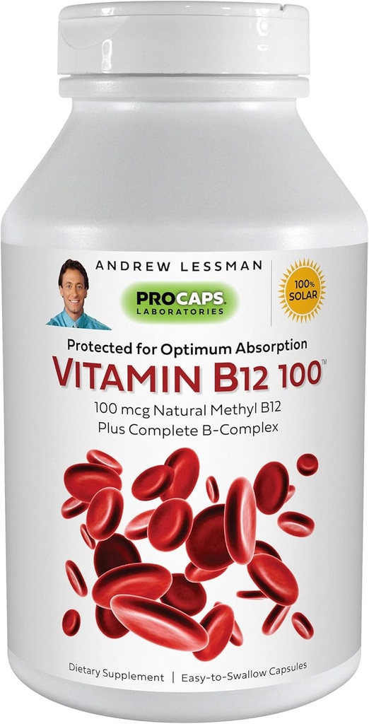 ANDREW LSSMAN Vitamin B12 100 180 Kapsler - Absorption- Protected Methylcobalamin (Natural Coenzym Vitamin B12), Essential for Energy and Stress Support, Plus B- Complex, Let at synke kapsler