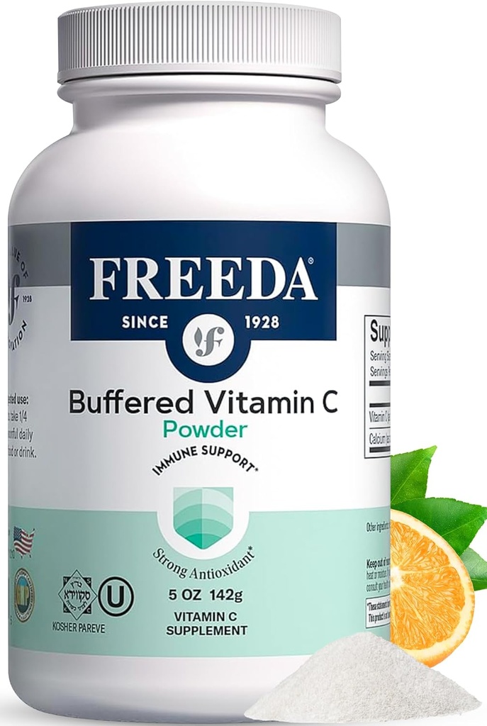 FREEDA Buffered C-vitamin pulver (Calcium Ascorbat) - Non- Acid, Stomach- Friendly C-vitamin til følsomme personer - Vegan, Kosher, Sugar- Free immunforsvar - 5 oz