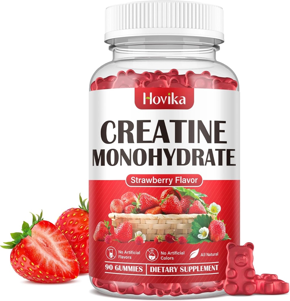 Creatine Monohydrate Gummies for Men & Women, Chewable 3g Creatine Monohydrate with Vitamin B12 for Muscle Growth & Recovery-Vegan, Natural Strawberry Flavor, 90 Gummies