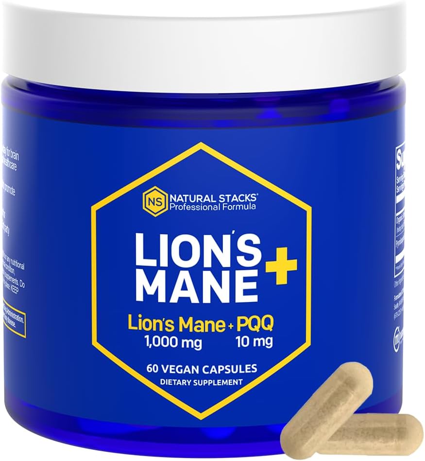 Organic Lions Mane Supplement kapsler - 1000mg Lions Mane Mushroom med 10mg PQQ - Brain Cell Optimizer til hukommelse, læring, Mitokondriel funktion - 60 Fruiting Body Mushroom kapsler
