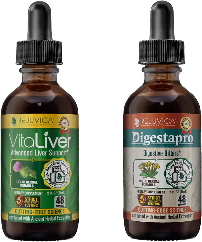 Rejuvica Health VitaLiver & DigestaPro - Avanceret lever- og fordøjelsesstøtte - Flydende levering til bedre absorption - Milk Thistle, Chanca Piedra, Artiskoke, Mælkebøtte & mere!