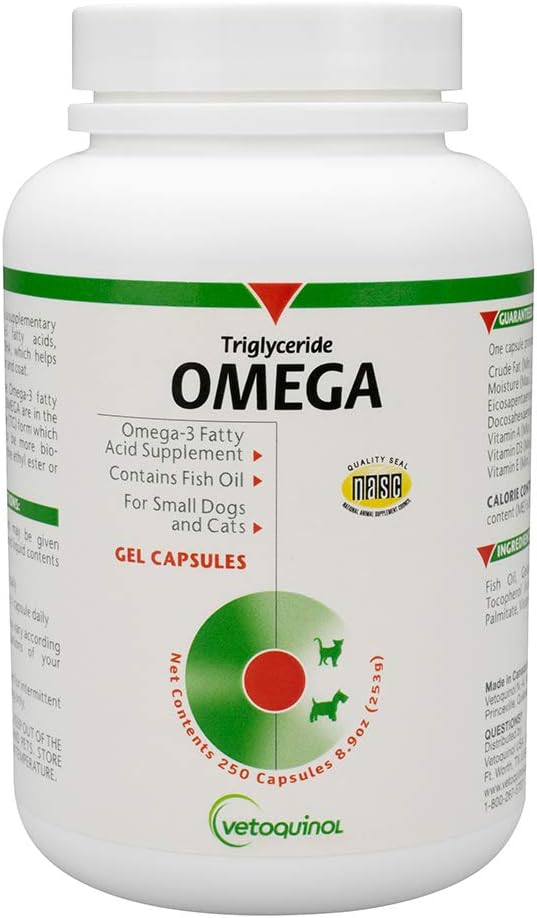Vetoquinol triglycerid Omega 3 supplement til hunde og katte, Fish Oil Supplement med EPA og DHA, fremmer hud, Coat, fælles, og immunsundhed, Omega 3 Fish Oil for hunde og katte op til 30lbs, 250ct