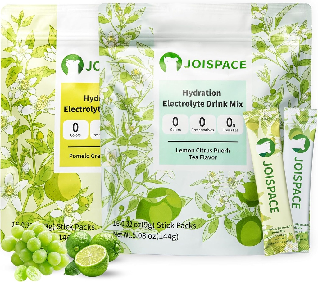 JOISPACE Electrolyte Drink Mix with Tea Polyphenols | Fast Hydration & Electrolytes Boost | Non-GMO, Vegan, Gluten-Free | Pomelo Tea ＆ Lemon Lime Tea, 32 Servings
