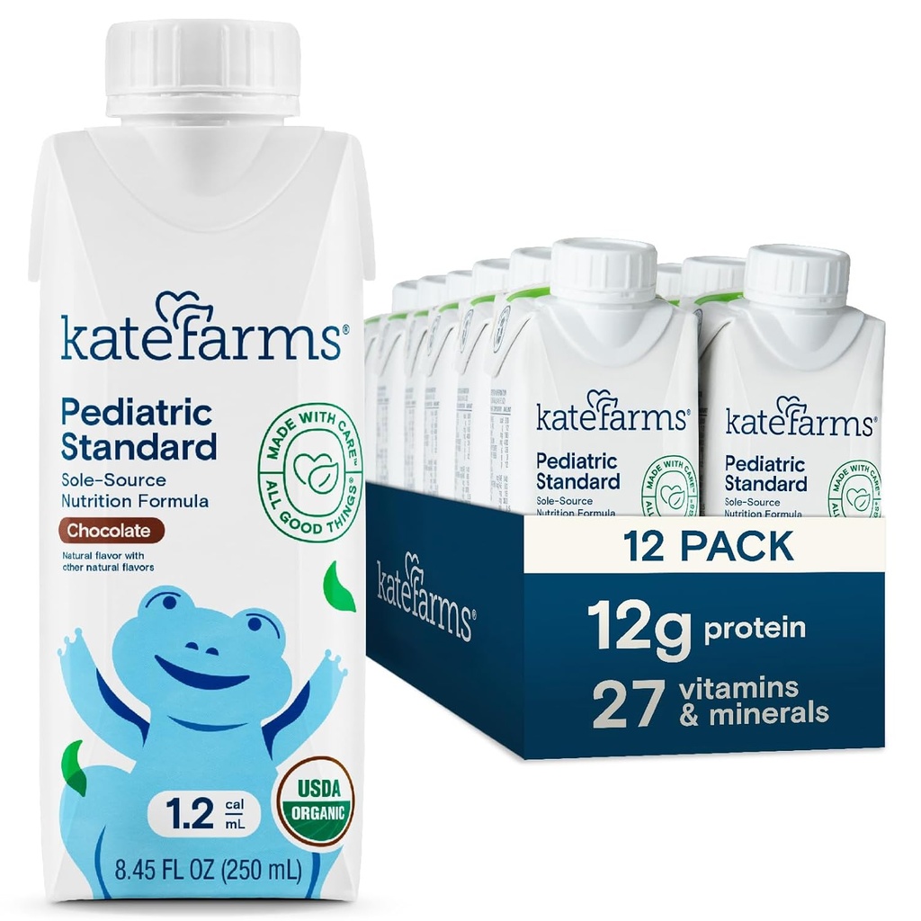 KATE FARMS Organic Pediatric 1.2 High Calorie Chocolate Nutrition Shake, 12g Protein, 27 Vitamin og Min, Meal Erstatning, 8.45 oz (12 pack)