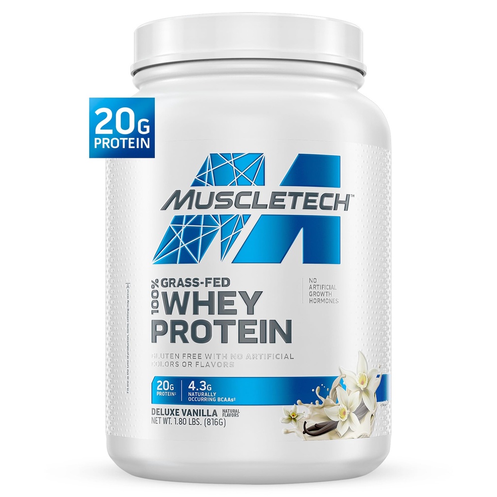 Muscletech Grass- Fed Whey Protein Powder (Deluxe Vanilla, 1.8LB) - Whey Protein Smoothie & Milk Shake Mix understøtter Muscle Gain & Recovery - 20g af Whey Protein for kvinder & mænd - Non-GMO & Gluten- Free