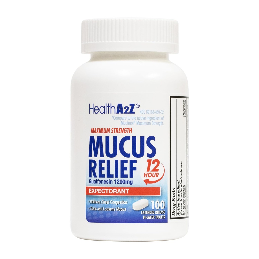 HealthA2Z ® Mucus Relief • 124; Guaifenesin 1200 mg • 124; 100 tabletter • 124; Maksimal styrke • 124; 12 timer • 124; Expectorant • 124; Relieves Chest Congestion • 124; Tynder og Loosens • Mucus (100 tabletter)