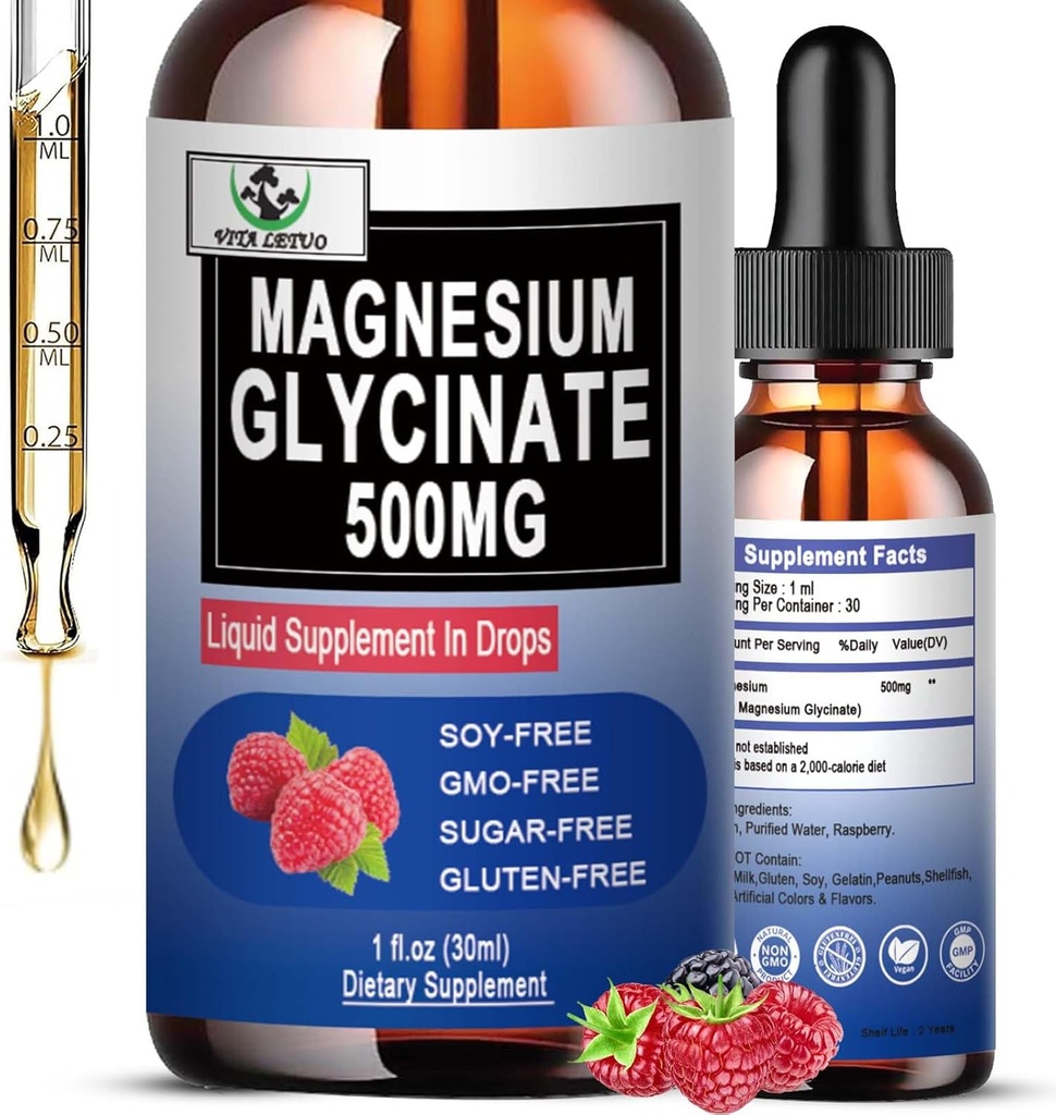 Magnesium Glycinat 500mg, flydende Magnesium Glycinat Drops 6X høj Absorption for ben, søvn, ben kramper & immunforsvar, Vegan, non-GMO, gluten- fri