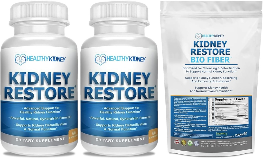 Nyre rense og Nyre sundhed supplement til støtte normal Nyre funktion 60 caps-2 Pack + Bio Fiber, Nyre rense Detox & Reparation - Genoprettende Nyre Support & Nyre Supplement 2.5 LBS