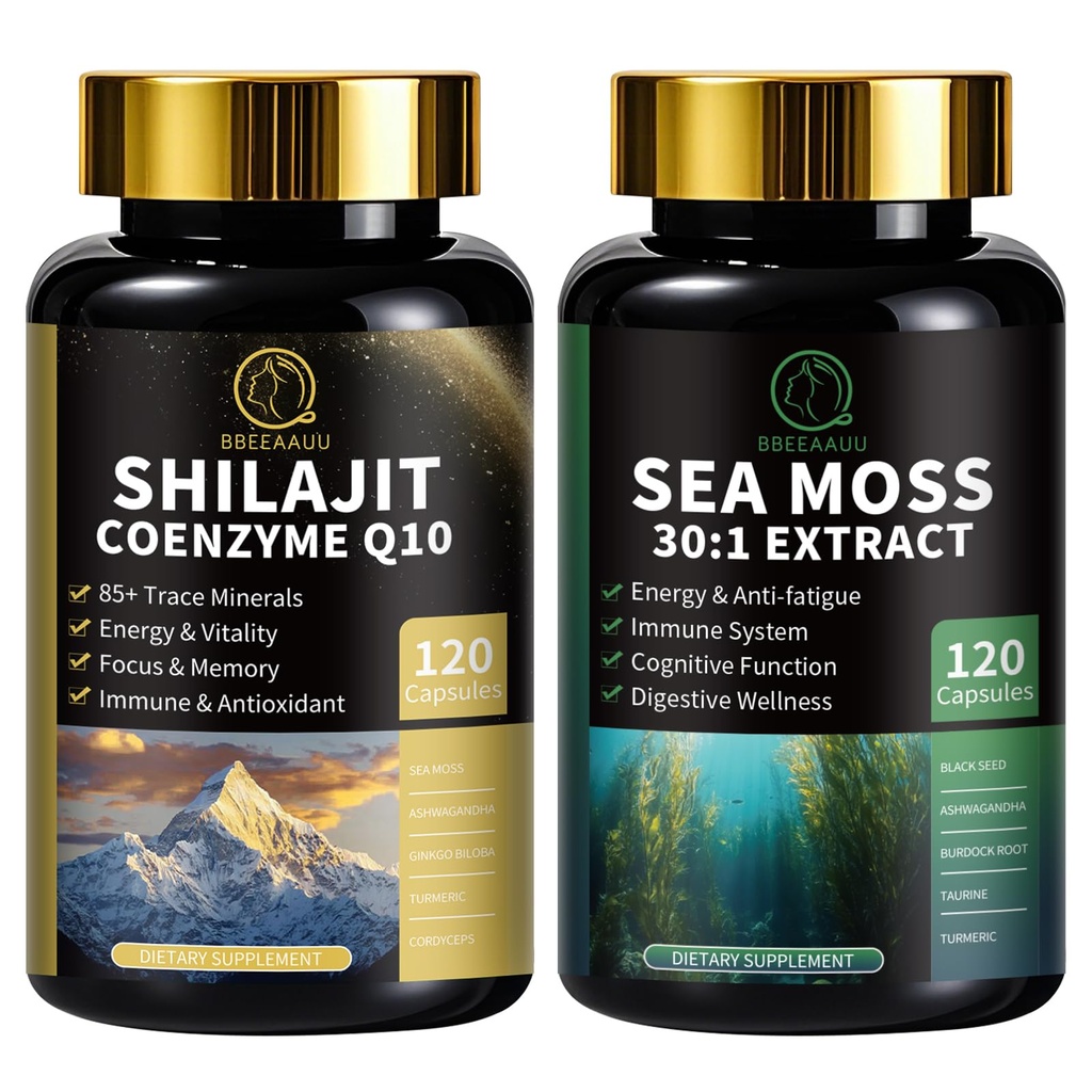 Shilajit til mænd, Sea Moss og Shilajit Bundle, Alle i 1 Kosttilskud med Coenzym Q10, Black Seed, Ashwagandha, Taurine, Burdock til energi, Endurance, Antioxidant & immunforsvar, 240 Kapsler